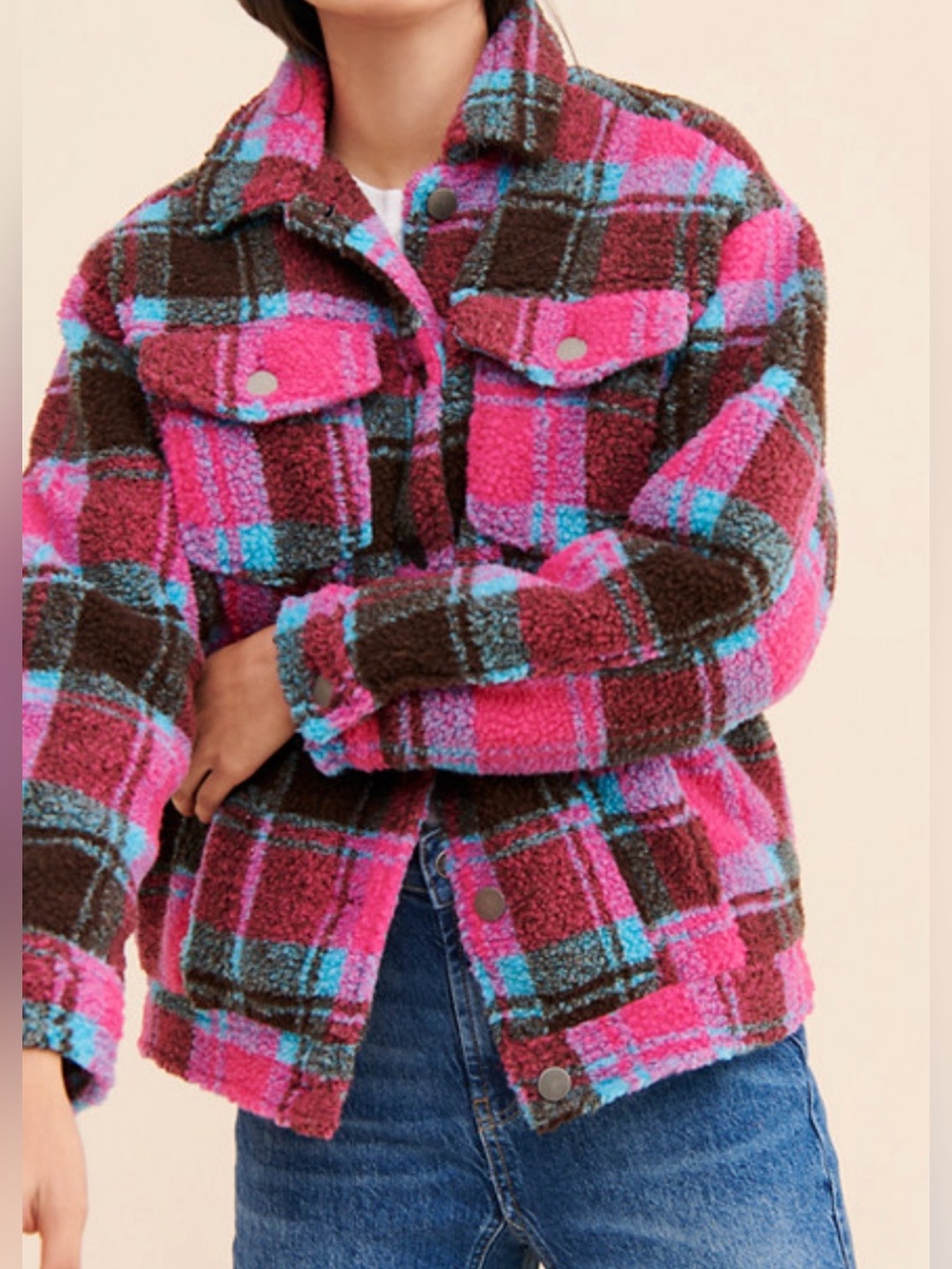 APPARIS Women XS Plaid Sherpa Teddy Trucker Jacket Pink Blue Faux Shearling